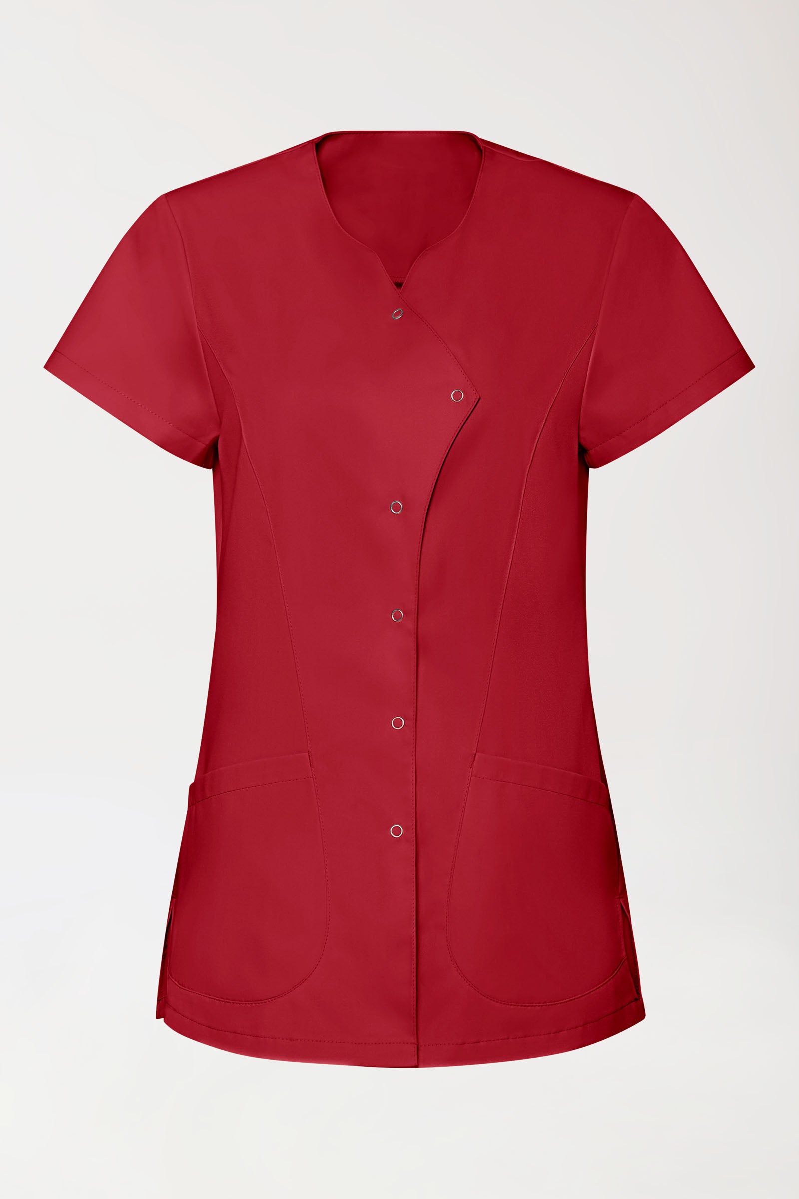 GREEN Stretch Kasack Damen - asymmetrische Druckknopfleiste rot, Vorderansicht 