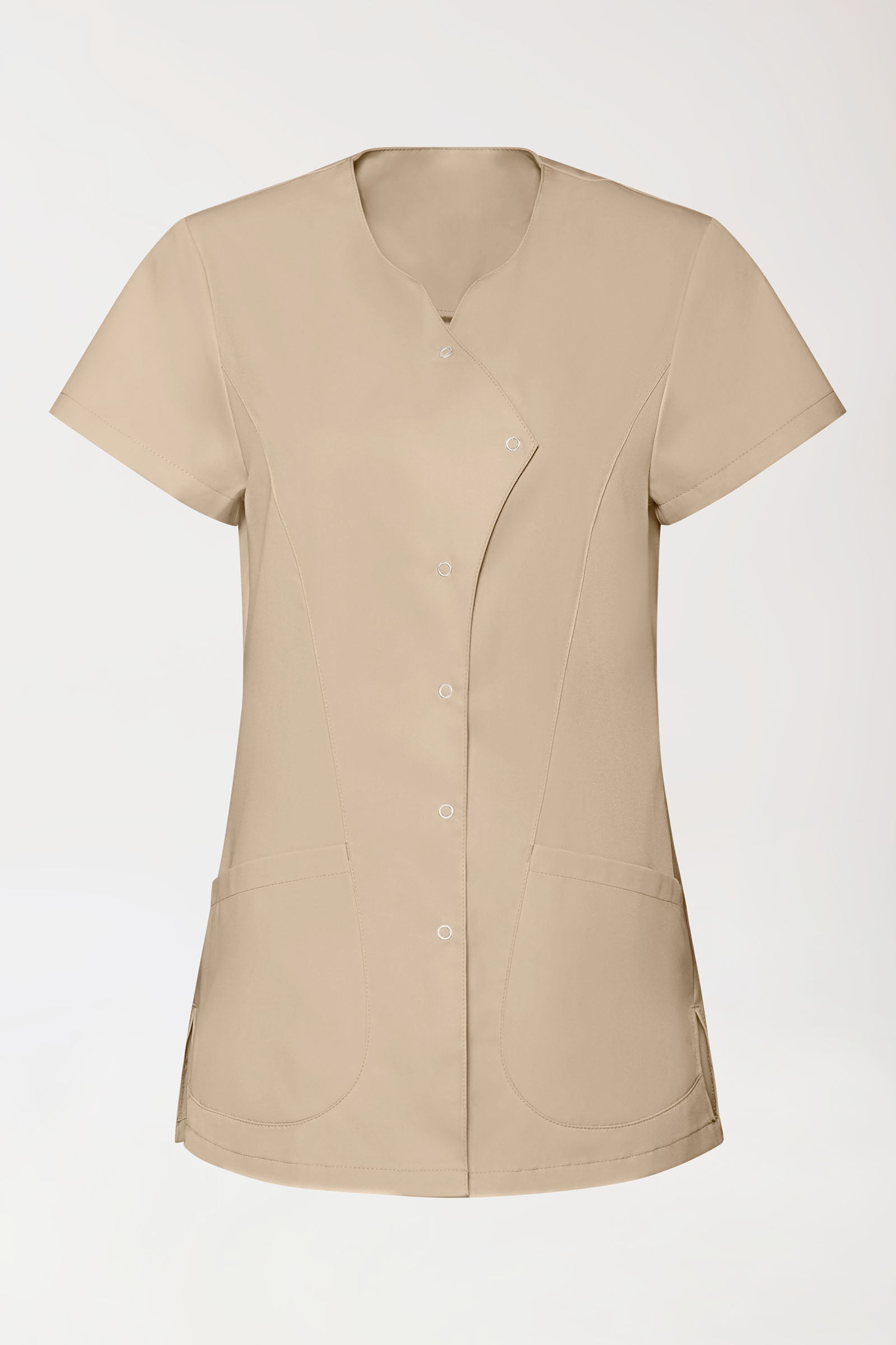 GREEN Stretch Kasack Damen - asymmetrische Druckknopfleiste sand