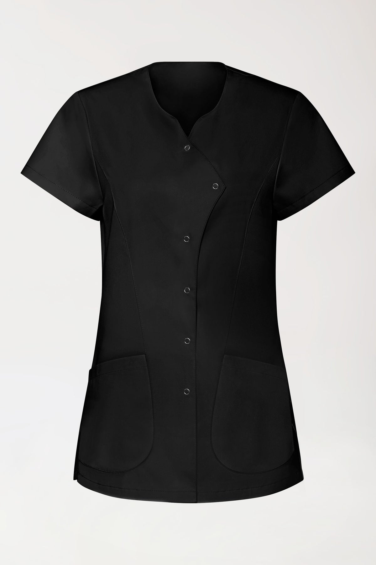 GREEN Stretch Kasack Damen - asymmetrische Druckknopfleiste schwarz, Vorderansicht 