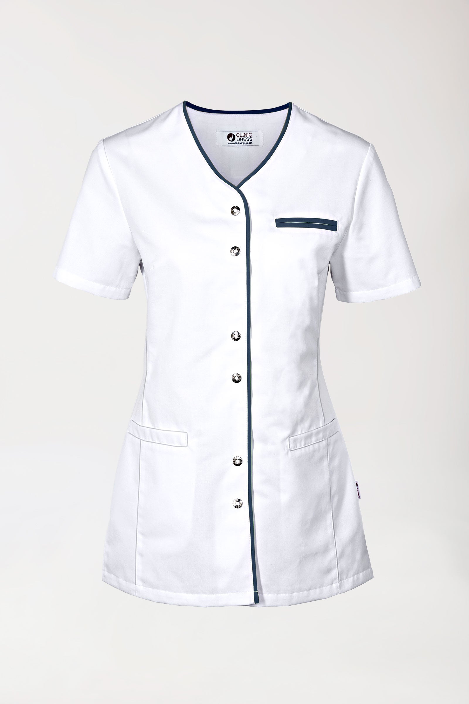 Beauty Kasack Damen - durchgeknöpft weiß/navy, Vorderansicht 