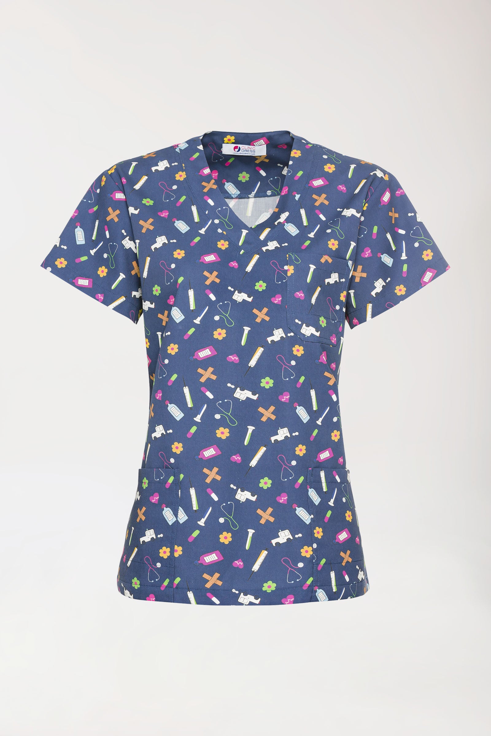 Leichter Schlupfkasack Damen - Alloverprint navy/bunt, Vorderansicht 