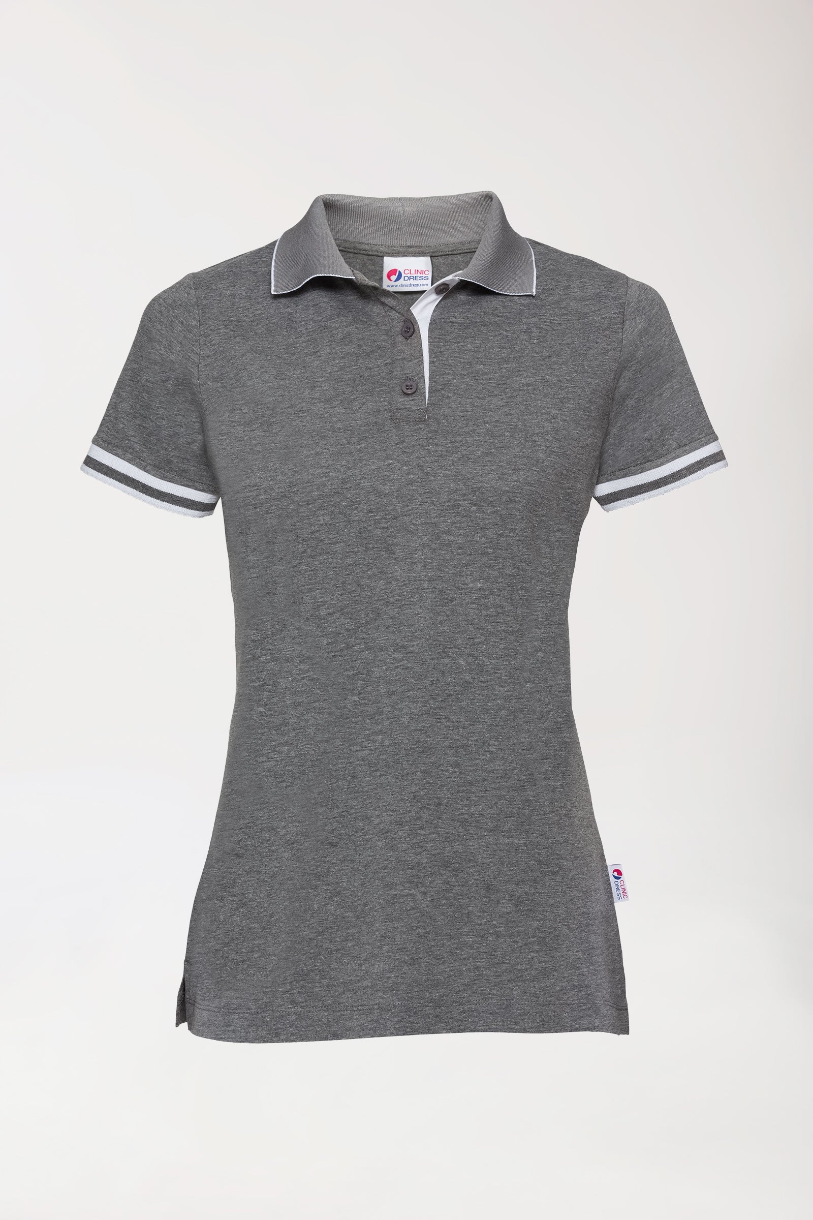 Stretch Shirt Damen - Polokragen dunkelgrau melange/weiß, Vorderansicht 