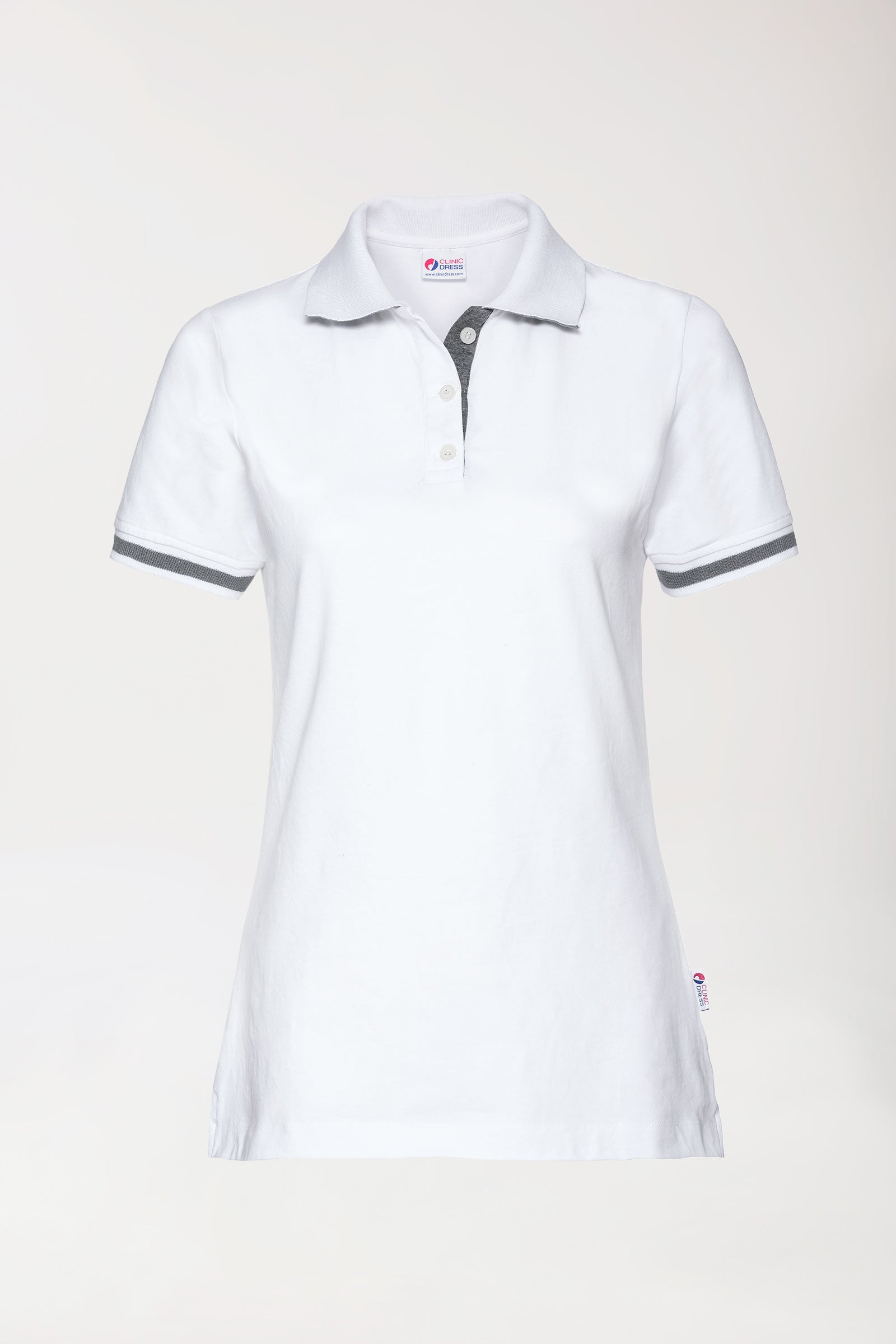 Stretch Shirt Damen - Polokragen weiß/dunkelgrau melange, Vorderansicht 