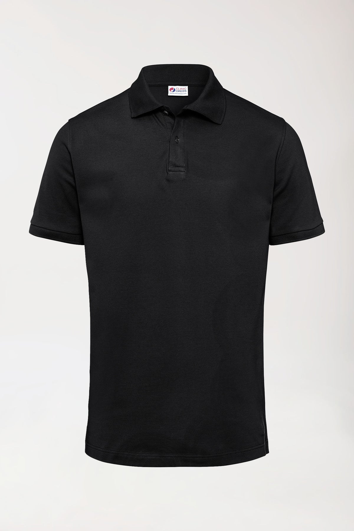 Schwarzes Stretch-Hemd für Herren – schwarzer Polokragen, kurzärmelig, mit Knopfleiste und Polokragen.