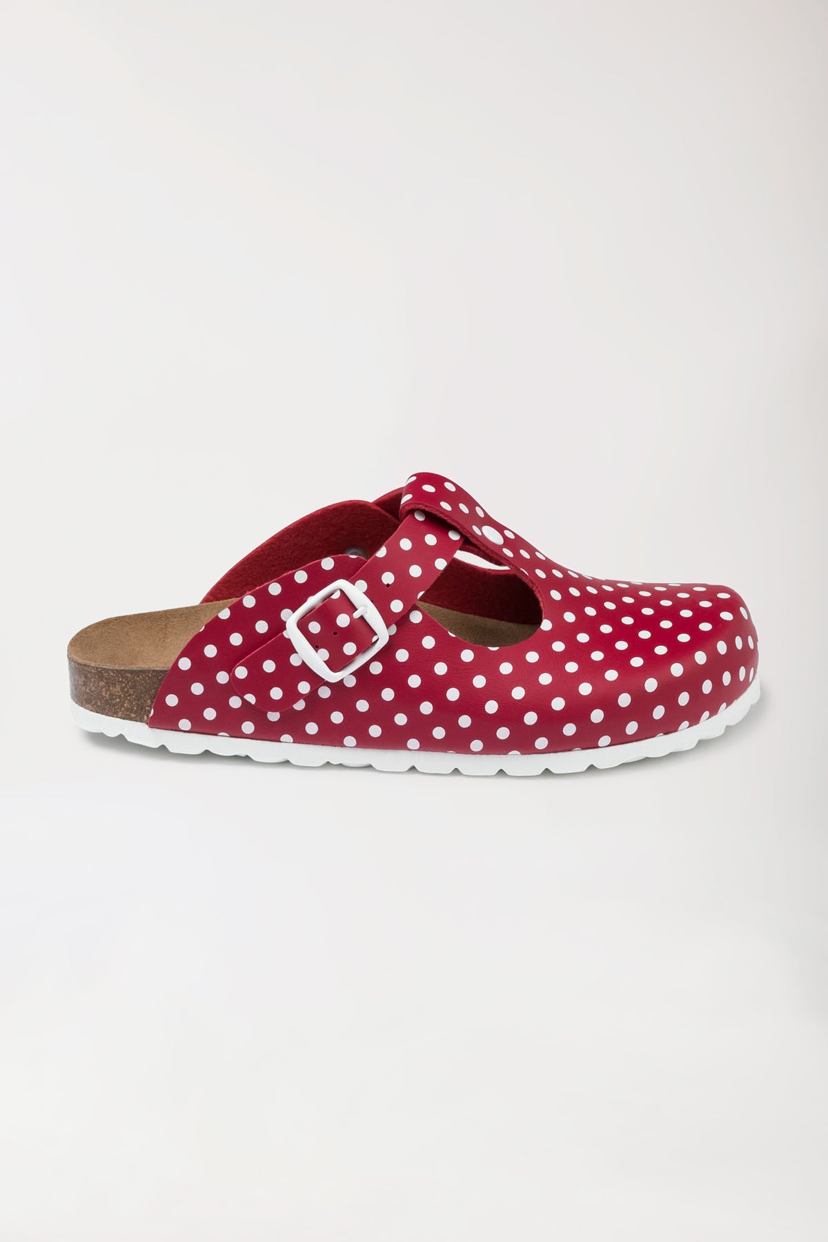 CLINIC DRESS Damen-Clog in Rot/Weiß mit roten Punkten, einem T-Riemen mit verstellbarer Schnalle und einer weißen EVA-Sohle., Vorderansicht 