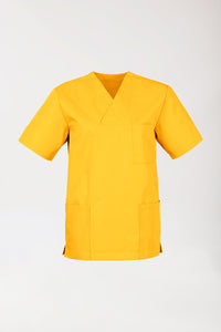 JUST STRONG Schlupfkasack Unisex – Scrub-Oberteil in Sonnengelb mit V-Ausschnitt, halblangen Ärmeln, einer Brusttasche und zwei Seitentaschen.