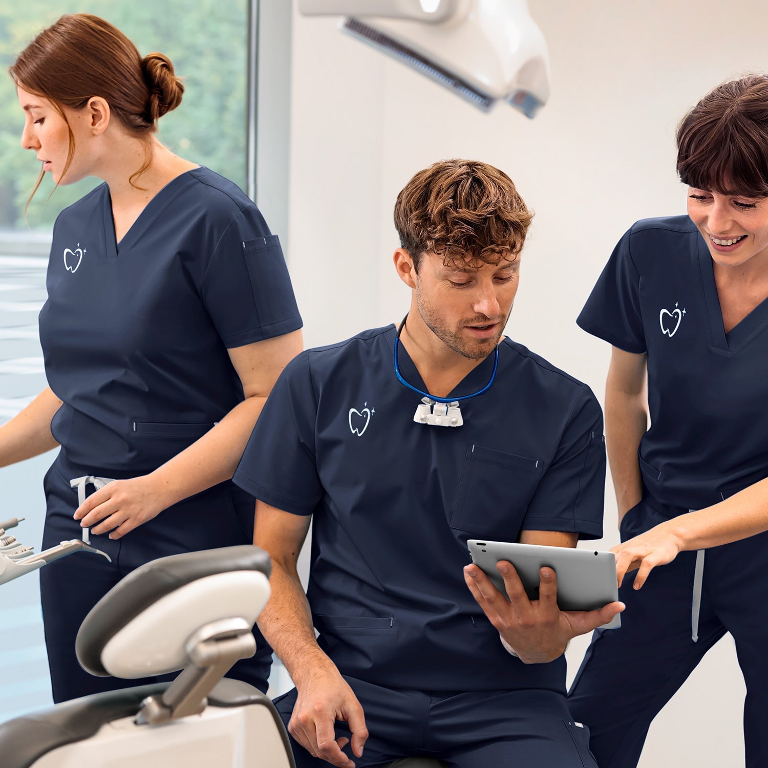 Teamaufnahme in Zahnarztpraxis, dunkelblaue Berufsbekleidung mit Logo-Stick auf der Brust.